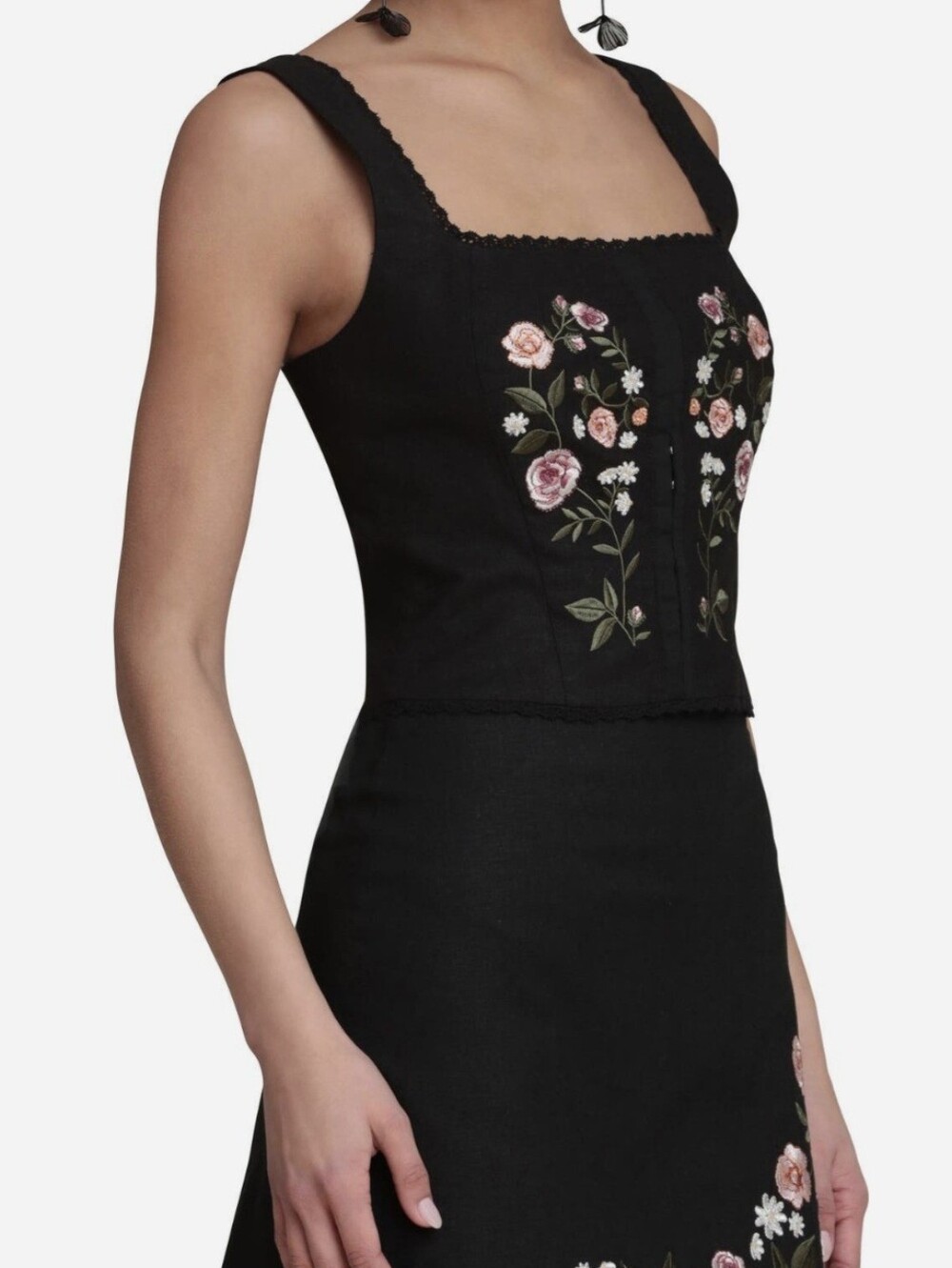 Avec Les Filles Embroidered Corset Tank Top Black Floral Square Neck - Picture 2 of 4